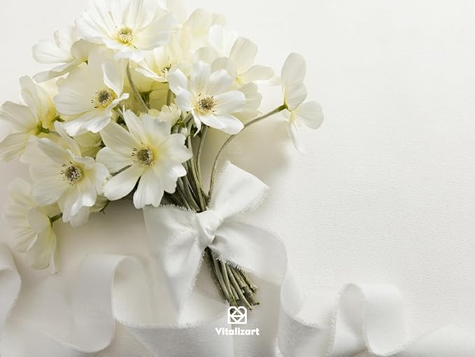 Vitalizart White Ribbon 1-1/2" x 15 Yd 100% Cotton Handmade Frayed Fringe Fabric Ribbons for Gift Wrapping Wedding Invites Bridal Shower Bouquets Christmas Decorations