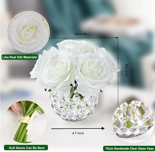 7 Large Stem Rose Artificial Flowers in Vase, Silk Flowers Arrangement in Round Glass Vase Without Water for Home Decor, Wedding Table (Cream)
