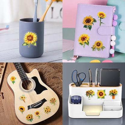 60 Pcs Sunflower Stickers, Transparent Waterproof Vinyl Decals, Aesthetic Floral Stickers for Journaling, Scrapbooking, Laptop, Water Bottle, Phone Case, Summer & Happy Theme Decoration