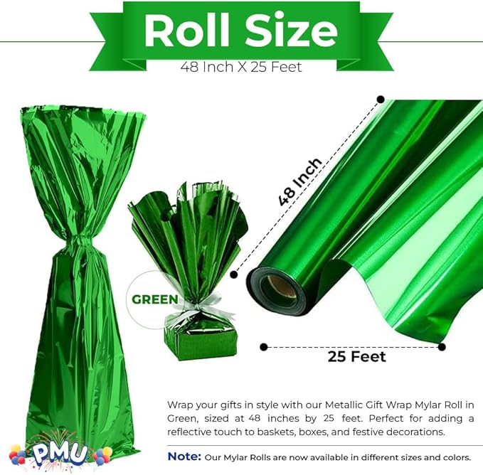 PMU Gift Wrap Mylar Roll Metallic Green 2-sided, 48 Inches X 25 Ft Roll 1.4 Mil Highly Reflective Mylar Film, Great for Gifts, Birthdays, Christmas, Baskets, Arts & Crafts