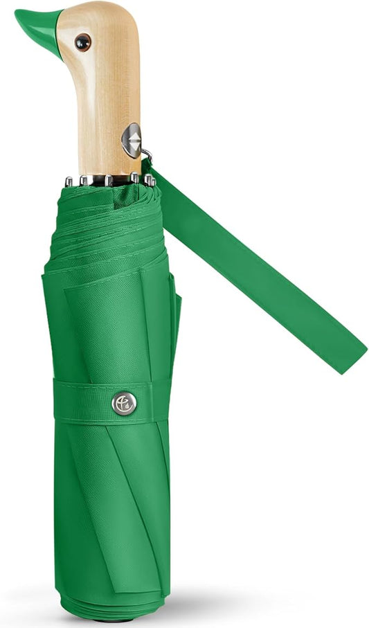 Cute Duck Umbrella Automatic - Compact Pretty Pocket Size Strong Duck Collapsible Umbrella Yellow Wooden Handle for Women