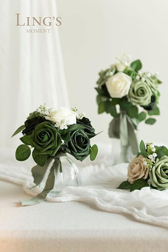 Ling's moment Artificial Flowers, 50Pcs 3" Roses in Emerald Green Shades, Realistic DIY Foam Floral Fill for Wedding Bouquets/Centerpieces, Outdoor Party Backdrops, Room/Table, Garden/Pot Decorations