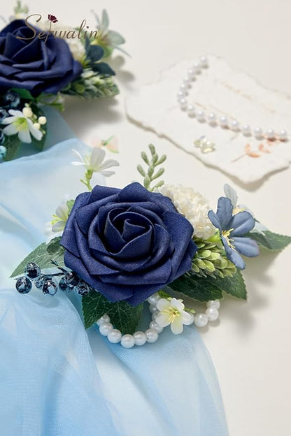 Serwalin 2Pcs Dark Blue Wrist Corsage for Wedding, Corsages Wristlet for Bridesmaid Mother Grandmother, Artificial Flowers for Prom Ceremony Anniversary