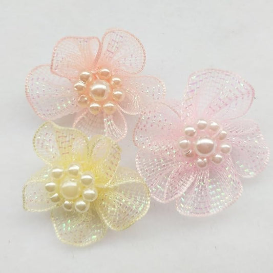 Chenkou Craft Mix Lots 40pcs 28mm Organza Ribbon Flowers Bows w/Beads Appliques Wedding Craft (Organza Flower(A0020))