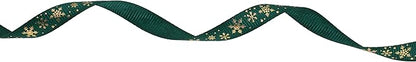 Gold Printing Snowflake Grosgrain Ribbon 25 Yard Each Roll 100% Polyester Woven Edge (3/8", Dark Green)