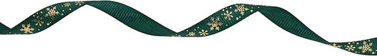 Gold Printing Snowflake Grosgrain Ribbon 25 Yard Each Roll 100% Polyester Woven Edge (3/8", Dark Green)
