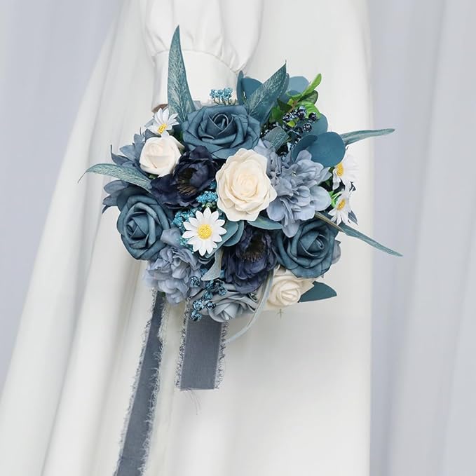 S_SSOY Wedding Bouquet Bride,Bride Bridal Bouquet Bridesmaid Artificial Flowers for Ceremony Anniversary Party Bridal Shower Decoration Wedding Bouquets (Blue)