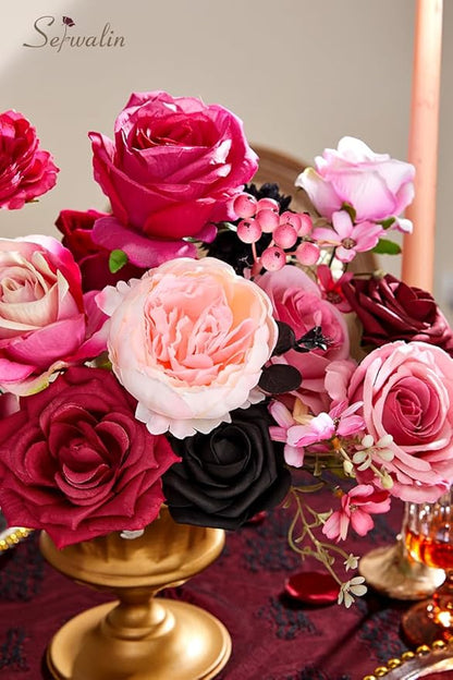Serwalin 2PCS Artificial Flowers Black Hot Pink Fake Silk Flowers for DIY Wedding Bouquets, Wedding Cake Flowers for Table Centerpieces Baby Shower Birthday Party Home Decorations