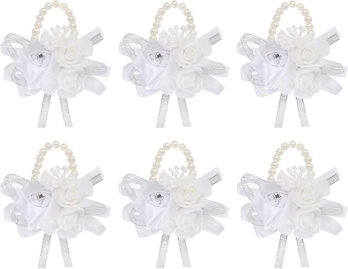 MECCANIXITY 6Pcs Wrist Corsage Artificial Flower Bracelets Rose Wrist Bride Groom Decorative for Wedding Ceremony Prom Party Anniversary White