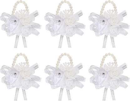 MECCANIXITY 6Pcs Wrist Corsage Artificial Flower Bracelets Rose Wrist Bride Groom Decorative for Wedding Ceremony Prom Party Anniversary White
