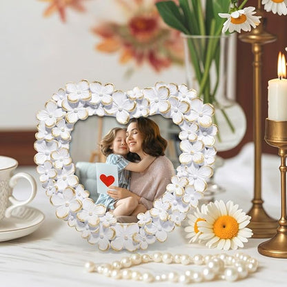Hodao 4x4 Inch 3D Floral Heart Shaped Frame - Hand-Crafted Resin Picture Frame with White & Gold Accents for Wedding, Valentine’s Day & Romantic Home Decor (White Gold-Heart)