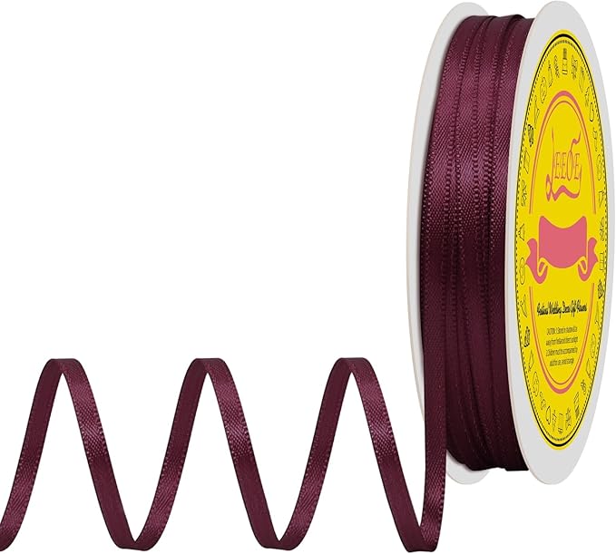 Double Face Wine Red Satin Thin Ribbon 1/8 inch X 50 Yards Polyester Wine Red Ribbon for Gift Wrapping Very Suitable for Weddings Party Hair Bow Invitation Decorations and More