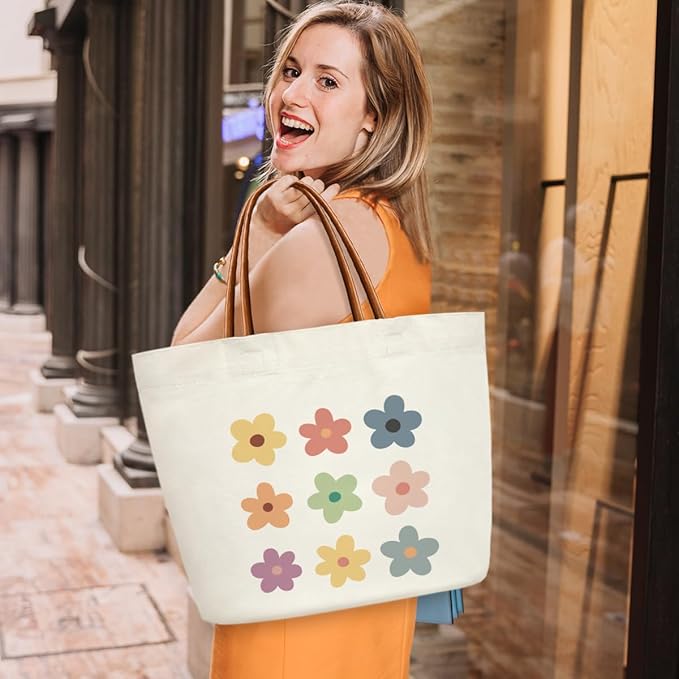 Floral Canvas Tote Bag For Women, Flower Tote Bags for Grocery Shoulder Bag for Work Beach Travel Gym, Beach Bag Shopping Handbag Motivational Gifts Birthday Gifts for Mom Teacher Friends -16