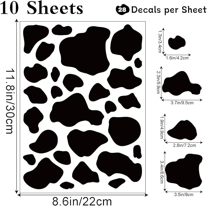 AOWDIAO 280 Pieces Cow Print Stickers Peel and Stick Vinyl Decals for Wall, Car, Laptop, Water Bottle & Home Decor