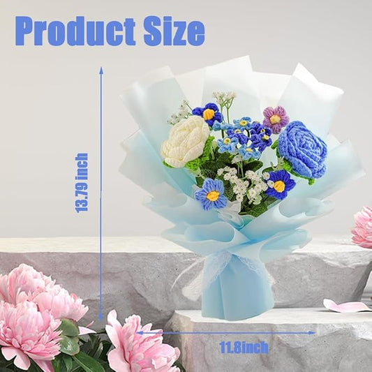 Handmade Crochet Rose Flower Bouquet: Artificial Knitted Rose Gift for Wife Mother Girlfriend for Festival Wedding Graduation Anniversary (Blue)