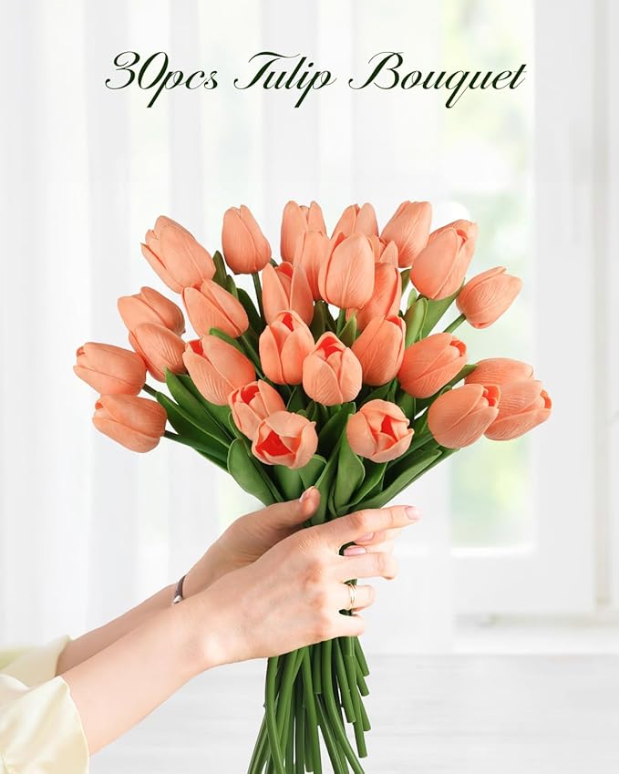 MACTING 30PCS Artificial Tulip Flowers Real Touch Fake Tulips Spring Faux Flowers for DIY Bouquet Floral Arrangements Table Centerpieces Kitchen Dining Room Home Mothers Day Decor(Light Orange)