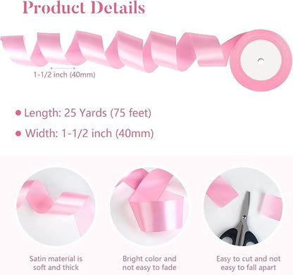 Pink Satin Ribbon 1-1/2 Inch x 2 Rolls Pink Wide Satin Fabric Ribbon for Gift Packaging, Christmas, Wedding, Flower Bouquet, Holiday Party, Invitation