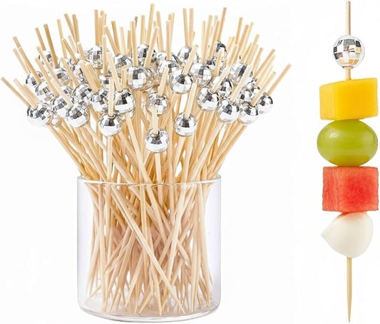 200 Pcs Cocktail Picks, 4.7 Inch Disco Ball Silver Toothpicks for Appetizers, Silver Cocktail Skewers for Drinks, Fruits, Wooden Long Toothpicks Charcuterie Sticks, Disco Party Decorations Supplies