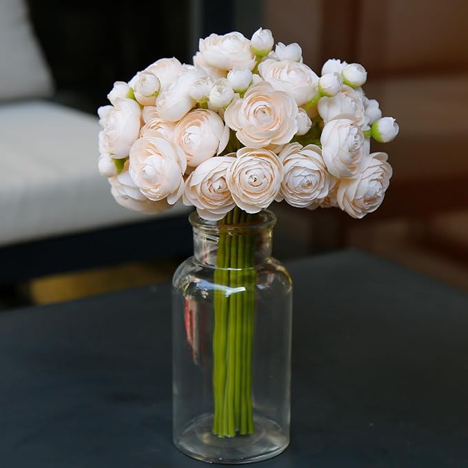 24 Pcs Ranunculus Artificial Flowers 10.5", Mini Faux Silk Ranunculus with Stem, Fake Flowers for Home Decor Indoor Wedding Bouquets Centerpieces (Champagne)