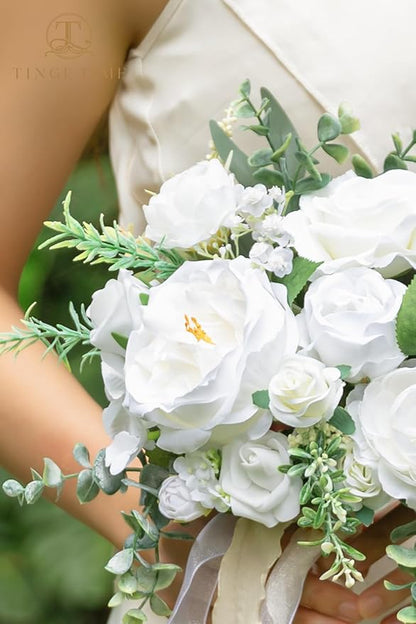 TINGE TIME 7" Bridesmaid Bouquet Set of 4, Wedding Bouquets for Bridesmaid, Perfect for Wedding Bouquets for Bride, Ideal for Bridal Shower, Rehearsal Dinner, Vintage Party (IvoryWhite&Eucalyptus)