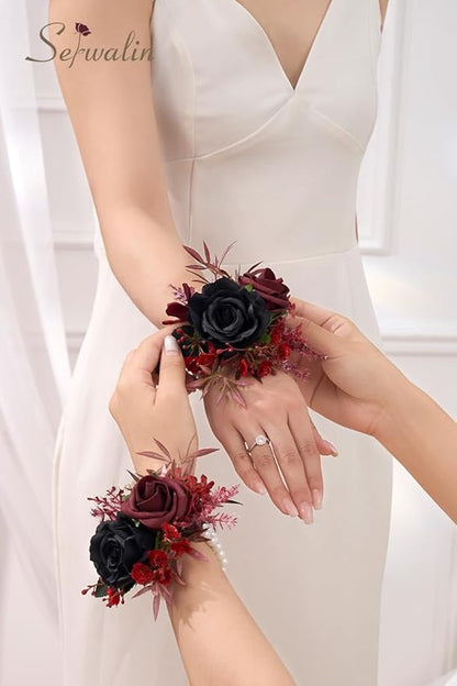 Serwalin Set of 2 Wrist Corsage for Wedding, 6-7inch Corsages Wristlet for Bridesmaid Mother Grandmother, Artificial Flowers for Prom Ceremony Anniversary, Black Burgundy