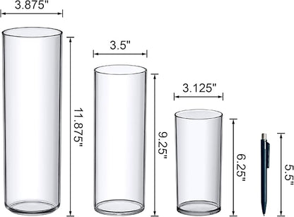 Amazing Abby - Viola Magra - Plastic Cylinder Vases (6-Piece Set), Acrylic Flower Vases for Wedding Centerpieces, Home Decorations, Office Ornaments, Shatter-Proof, 6" + 9" + 12" (H) (Not Glass)