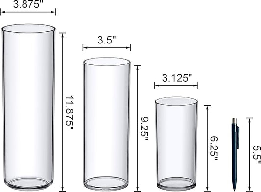 Amazing Abby - Viola Magra - Plastic Cylinder Vases (6-Piece Set), Acrylic Flower Vases for Wedding Centerpieces, Home Decorations, Office Ornaments, Shatter-Proof, 6" + 9" + 12" (H) (Not Glass)