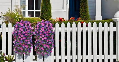 Artificial Fake Hanging Flowers Plants for Outdoor Outside Fall Decor, 2 PCS Faux Silk Daisy Mums Vines UV Resistant Realistic for Home Porch Patio Balcony Planter Decoration(Dark Purple and Fuchsia)