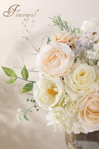 Floweroyal Artificial Flowers Combo White Flowers Mix Silk Flowers Dahlia Roses with Stems for DIY Wedding Bridal Bouquets, Baby Shower, Floral Arrangement, Table Centerpieces, Home Decorations.