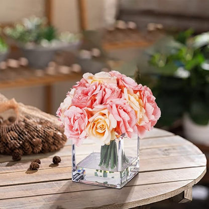 ENOVA FLORAL 18 Pieces Pink Rose Artificial Flowers in Vase, Floral Arrangements Artificial with Vase for Dining Table Decoration, Home Decor Indoor(Pink)