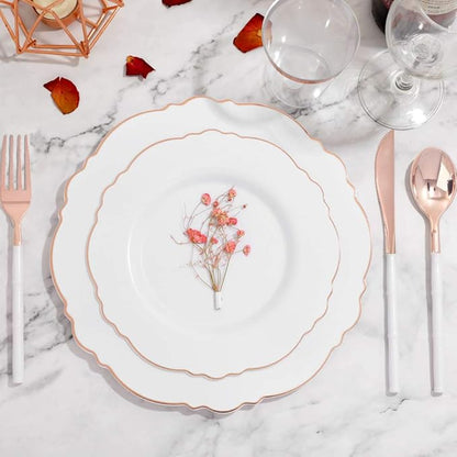 WDF 90Pieces Rose Gold Plastic Silverware - Rose Gold Plastic Cutlery with White Handle- Heavy Duty Disposable Silverware Include 30Forks, 30 Spoons, 30 Knives for Wedding, Party