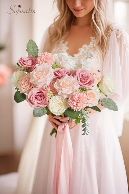 Serwalin Artificial Flowers Fake Silk Flowers for DIY Wedding Bouquets Cake Decoration Mixed Roses Combo Blush Pink and White Flower Centerpieces Arrangements for Party Table Chair Decor