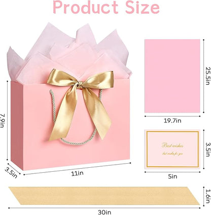 JMANNI Medium Size Gift Bags - 2Pcs Paper Gift Bag with Handles, 4 Tissue Paper & 2 Greeting Cards for Women, Girls, Bridesmaid, Birthday, Valentines, Wedding, Party (Pink)