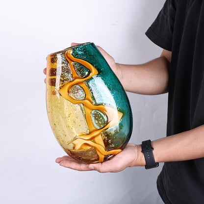 Pretty Hand Blown Glass Vase, Colored Glass Flower Vases Home Decor, Amber and Teal Decorative Murano vase for Living Room Office Bedroom Coastal Table Centerpieces Gift