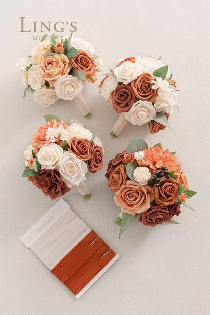 Ling's moment Terracotta Artificial Flowers Bridesmaid Bouquet Set of 4, Burnt Orange Wedding Flowers Bouquets for Bridesmaids, 7 Inch Bridal Bouquets for Bridesmaids, Wedding, Ceremony