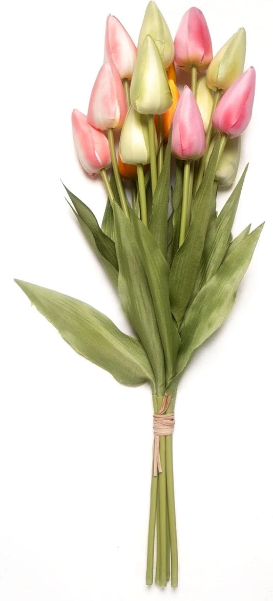 Set of 12 Artificial Tulip Flowers, 4 Colors Fabric Faux Tulips with Bendable Stems for Home Office Kitchen Decor, Wedding, Party, Vase Arrangement- Multi Colors