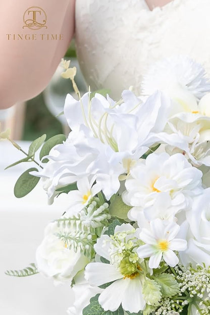 TINGE TIME 11 Inch Wedding Bouquets for Bride, IvoryWhite Artificial Flowers Bouquet, Brides & Bridesmaids Bouquet for Wedding Anniversary Ceremony Bridal Shower Decorations
