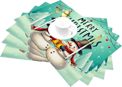 PVC Placemats Set of 6 Wipeable Table Mats Washable Heat Resistant Non Slip Vinyl Dining Table Mat for Kitchen Indoor Outdoor Patio Farmhouse Place Mats Christmas Snowman Beer Decorative