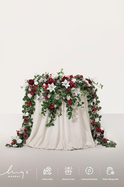 Ling's moment Christmas 9FT Eucalyptus and Willow Leaf Garland with White Flower, Handcrafted Wedding Sweetheart Table Centerpieces Head Table Decor Arch Backdrop Decorations for Wedding | Red & White