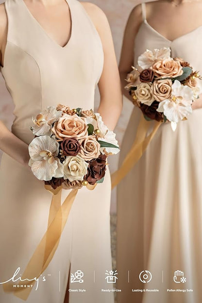 Ling's moment Bridesmaid Bouquet Set of 4, Brown & Beige Wedding Bouquets for Bridesmaids, 7 Inch Nut Brown Bridal Bouquets for Bridesmaids, Wedding, Ceremony, Anniversary, etc.