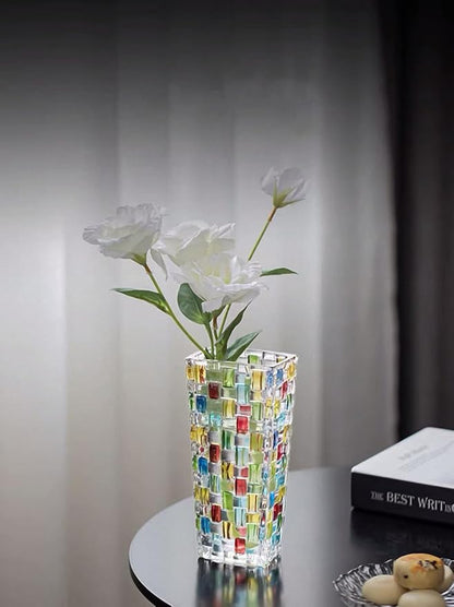 Magcolor Hand Painted Colorful Woven Glass Vase -Crystal Flower Vase- 7.7 inch, Glass Plant Vase for Floral Arrangements, Centerpieces, Weddings, Housewarming, Centerpiece Home Deco