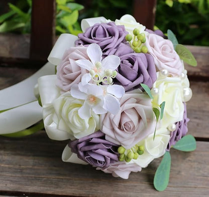 Lightweight Bridal Wedding Bouquet Round Holding Bouquet Throw Toss Artificial Rose Flower Bunch for Bride Bridesmaid Wedding Quinceanera (Cream, Deep Taro & Light Taro, 9.1")