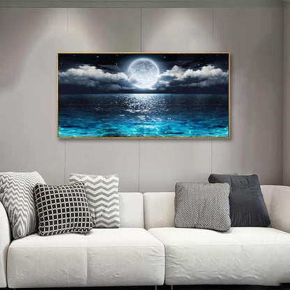 Canvas Wall Art for Living Room Bedroom Office Framed Ocean Beach Wall Art Paintings Pictures Artwork Moon Waves Blue Wall Decor 2.7cm Thick Frame, 20 * 40inch