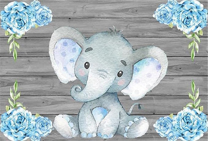 AOFOTO 15x10ft Elephant Rustic Grey Wooden Backdrop for Boy Baby Shower Watercolor Blue Floral Cartoon Animal Gender Reveal Photography Background It's a Boy Newborn Kids Birthday Party Decoration