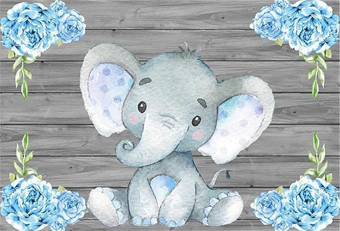 AOFOTO 6x4ft Flowers Wooden Elephant Backdrop Blue Baby Boy Gender Reveal Party Decorations Sweet Floral Baby Shower Photo Shoot Background for Photography Kid Child Birthday Photo Studio Props Vinyl