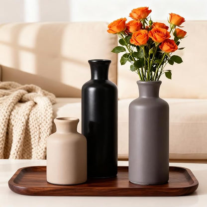 Ceramic Vase Set of 3 – Modern Neutral Vases for Home Decor, Rustic Farmhouse Pottery Vases for Pampas Grass, Dried Flowers, Centerpiece Table Decor, Living Room, Kitchen, Bedroom, Bathroom