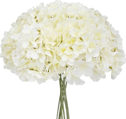 Fake White Hydrangea Artificial Flowers - Faux Silk Hydrangeas Flowers Heads with Stems Real Touch for Home Wedding Party Table Decor(CreamWhite,Pack of 10)