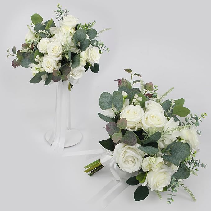 Rinlong Wedding Bouquets for Bride White Sage Green Bridal Bouquet for Wedding Artificial Flowers Silk Bouquet Ceremony