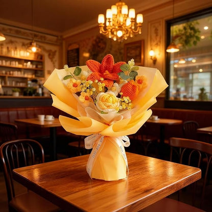 Crochet Flowers Knitted Flower Bouquet Handmade Knitted Rose Tulip Galsang for Birthday Wedding Anniversary Graduation Gift