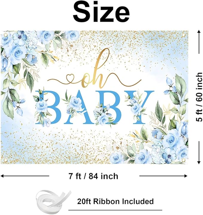 Mocsicka Oh Baby Backdrop Blue Floral Baby Shower Banner for Boys Party Decorations Photo Booth Props (Blue, 7x5ft)